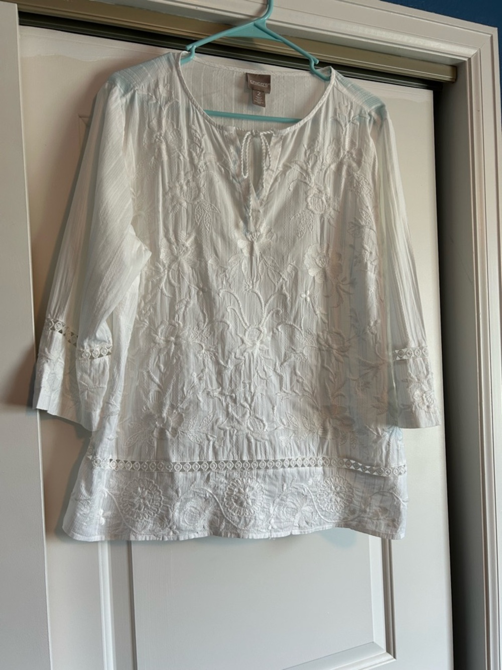 Chico's White Embroidered V-Neck Tunic